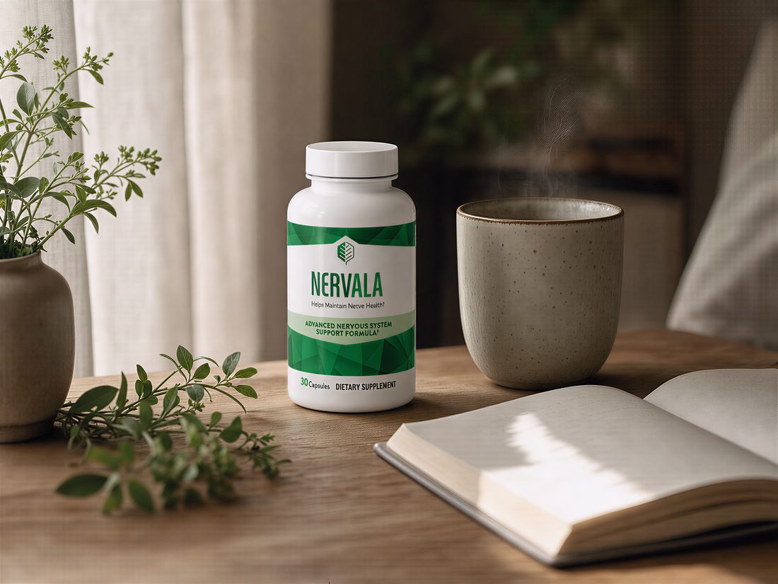 The small green-and-white Nervala bottle on a cafe table beside a cup of tea
